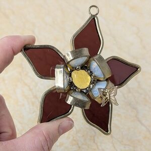 Vintage Stained Leaded Glass 3 Dimensional Flower Hanger With Butterfly Ornament